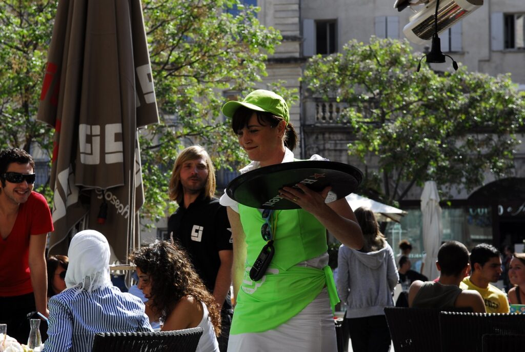 girl, waitress, terrace
